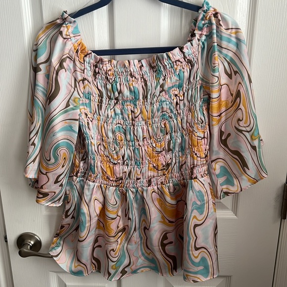 Chenault Smocked Swirl Print Top Flutter Sleeve‎ Blouse Bohemian Chic Size L - Picture 6 of 8